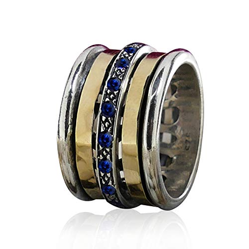 Two tone Ring Handmade 1.6 Carat Natural Blue Sapphire Gemstone Mixed Metal 925 Silver & 9k Solid Gold Hammered Meditation Ring Made in Israel