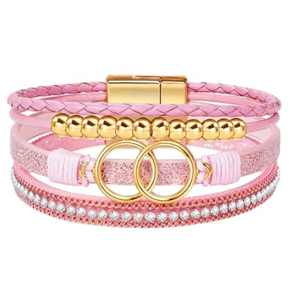 Leather Wrap Bracelets for Women, Boho Leopard Multi-Layer Crystal Beads Cuff Jewelry - color: J-Warp-012