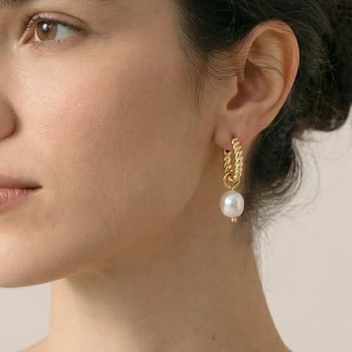 Pearl Earrings VeroSteel Dangle Earrings for Women, Dainty 14k Gold Huggie Hoop Earrings with Pearls, Trendy Pearl Drop Earrings, Stainless Steel Hypoallergenic Stud Earrings For Sensitive Ears - style: Twisted