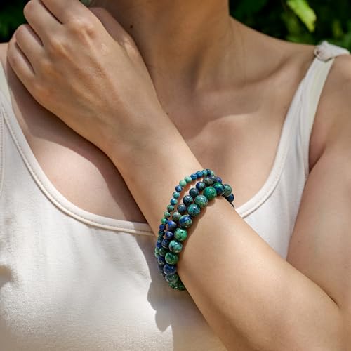 Bivei 8mm Beaded Bracelets for Women Handmade Semi Precious Natural Stone Stretch Elastic Jewelry Yoga Protection Gifts - color: Chrysocolla-Gentle Expression, size: Medium 6.8-7.3 inch