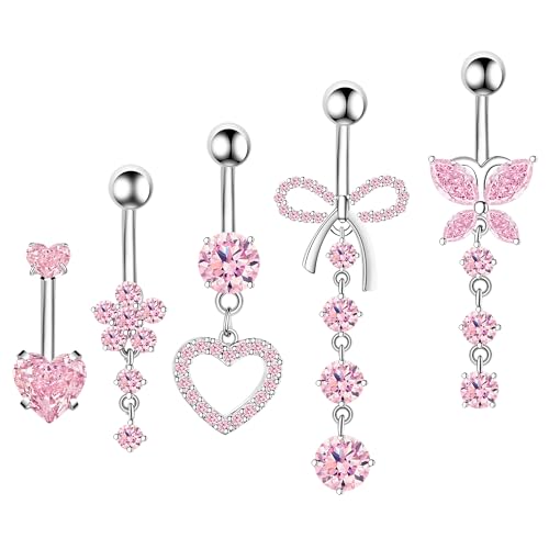 BSJ4U Belly Button Ring Dangle Navel Belly Piercing Jewelry Cute Pink CZ Heart Butterfly Bow Flower Navel Belly Rings for Women 14G Silver Stainless Steel Dainty Dangly Dangling Belly Button Piercing - color: Pink CZ Belly Button Rings