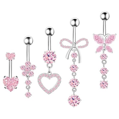 BSJ4U Belly Button Ring Dangle Navel Belly Piercing Jewelry Cute Pink CZ Heart Butterfly Bow Flower Navel Belly Rings for Women 14G Silver Stainless Steel Dainty Dangly Dangling Belly Button Piercing - color: Pink CZ Belly Button Rings