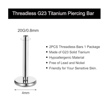 Threadless Bar G23 Titanium 20G 16G 18G Replacement Post Bar Flat Back Stud Earrings for Helix Cartilage Lobe Medusa Labret Nose Tragus Conch Piercing Jewelry - size: 20g 5mm, style: Disc 4mm,2Pcs Threadless Bars
