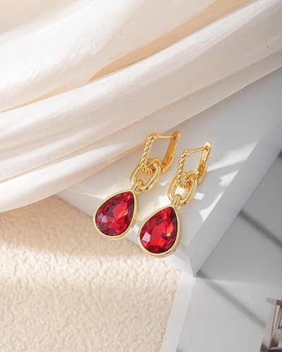 Crystals Teardrop Dangle Drop Earrings, 18K Gold Plated Hoop Earrings Zirconia Jewelry for Women Gifts - color: Red-Long