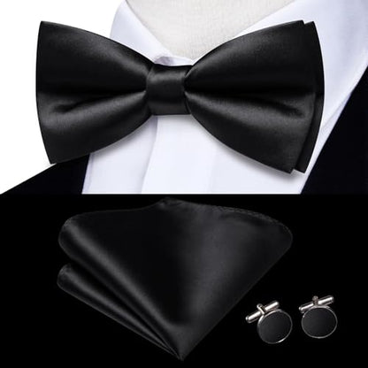 Hi-Tie 5Pcs Mens Solid Color Silk Tie Satin Pretied Bowtie Lapel Pin for Men Handkerchief Cufflink Wedding Gift Box - color: Black