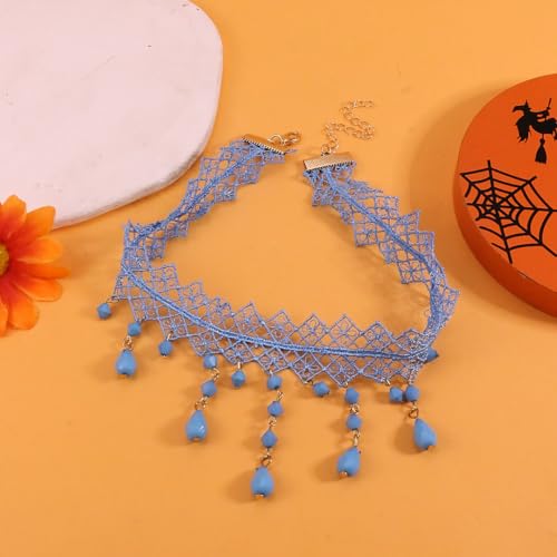 Gothic Necklace for Women Goth Lace Necklace Choker Halloween Witch Accessories Velvet Vampire Jewelry - color: Blue