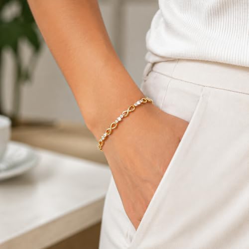 Tennis Bracelet for Women - 14K Gold Plated Heart Cubic Zirconia Bracelet, Dainty Trendy Anniversary Birthday Christmas Jewelry Gift for Her - color: Infinity Gold-17CM