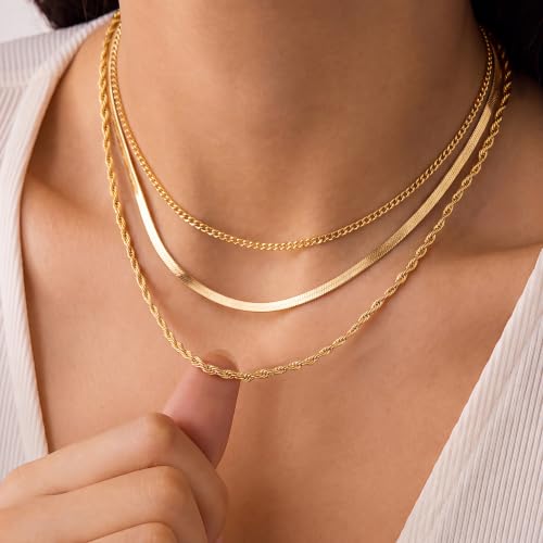 Layered Necklaces for Women, 3 Chain Choker Set, 14k Gold/Silver Plated | 3 Detachable Strands, 7+ Ways to Wear, Tangle Free Design, Herringbone Rope Curb Textures, Tarnish Resistant - color: Gold