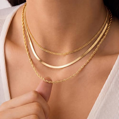 Layered Necklaces for Women, 3 Chain Choker Set, 14k Gold/Silver Plated | 3 Detachable Strands, 7+ Ways to Wear, Tangle Free Design, Herringbone Rope Curb Textures, Tarnish Resistant - color: Gold