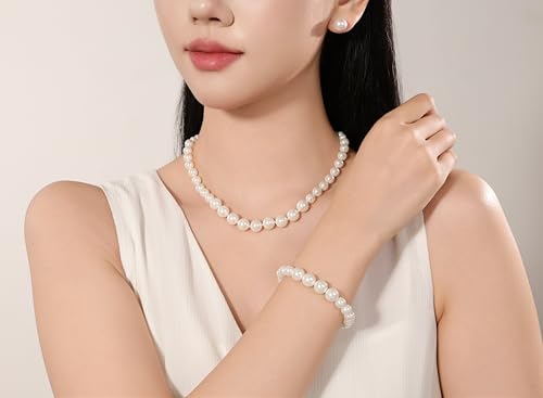 Faux Pearl Jewelry Set for Women, 3 Piece Necklace Bracelet Earrings | Glass Material, Adjustable Comfortable Fit, Party & Prom Accessory - style: White 16 inches