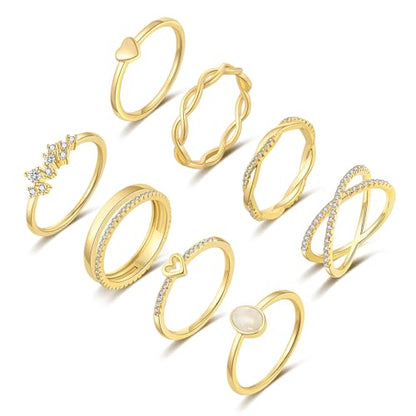 RLMOON 8PCS Gold Silver Rings for Women Non Tarnish Stackable Ring Set | 14K Gold Plated Dainty CZ Simulated Diamond Ring Eternity Wedding Band Gold Stacking Thumb Rings Size 4-12 - color: Gold Rings
