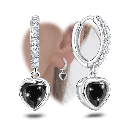Heart Hoop Earrings with Dangle Sterling Silver Love Heart-Shaped Loop Earrings for Women Hypoallergenic Sparkle Birthstone Cubic Zirconia Hoop Earring with Dangling Charms Dainty Fashion Jewelry Gift - color: Black