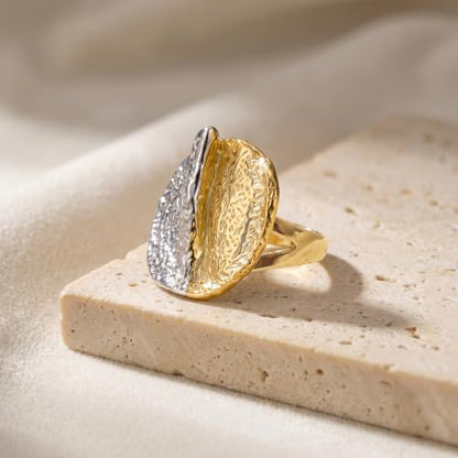 Gold and Silver Statement Ring for Women, Chunky Hammered Mixed Metal Ring, Two Tone Irregular Oval Fashion Ring, Minimalist Bold Jewelry Gift