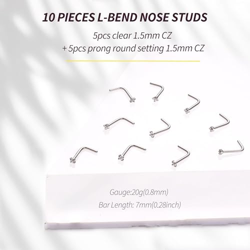316 Stainless Steel 20G Nose Rings for Women L Shaped Nose Studs Cork Screw | 6/9/10Pcs Nostril Piercing Jewelry, 1.5/2/3mm, 5A CZ Stones , 14K Gold Plated/Silver/Black/Rose Gold Plated