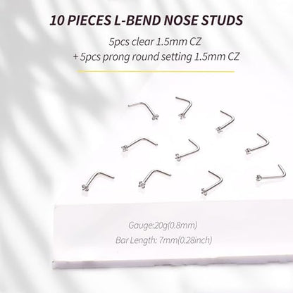 316 Stainless Steel 20G Nose Rings for Women L Shaped Nose Studs Cork Screw | 6/9/10Pcs Nostril Piercing Jewelry, 1.5/2/3mm, 5A CZ Stones , 14K Gold Plated/Silver/Black/Rose Gold Plated