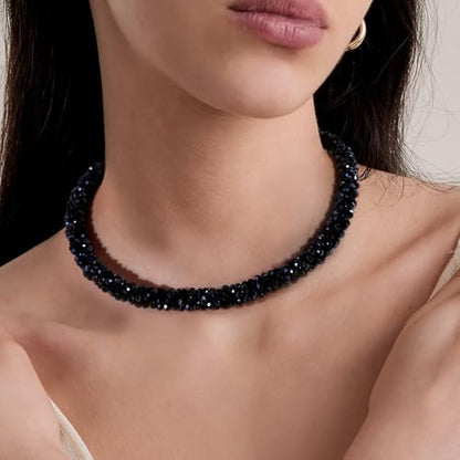 Hand Knotted Beads Statement Necklace Bracelet Jewelry Set Artificial Crystal Choker for Women- Handmade Beaded Strand Sparkly Faceted Crystal Rondelle-17inches, 30 Colors - color: Light Blue