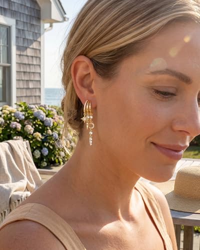 Gold Earrings for Women Trendy 14K Gold Plated Dangle Earrings Small Hoop Huggie Drop Stud Earrings Cubic Zirconia Simple Minimalist Dainty Chain Tassel Hypoallergenic Earrings - color: Celestial & Gold