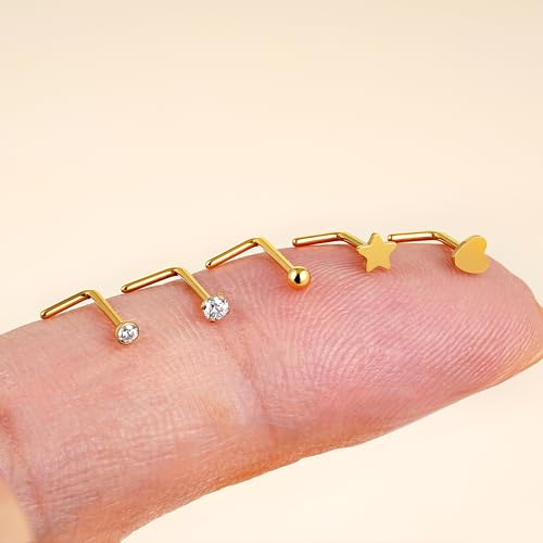 ASTM F136 Titanium Nose Studs Set - 5PCS 20G Nose Nostril Body Jewelry, Pin Piercing Kit Jewelry Gift, Hypoallergenic Nickel Free(L-shaped - Silver)
