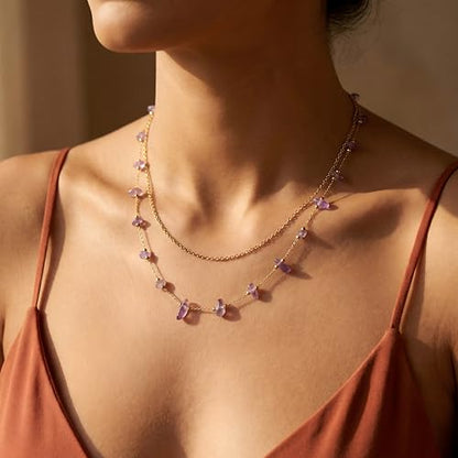 Harlermoon Natural Stone Layered Necklace for Women - 18K Gold Plated Stainless Steel Dainty Beaded Choker, Waterproof Tarnish Resistant Boho Summer Beach Jewelry Gift Box - color: Purple