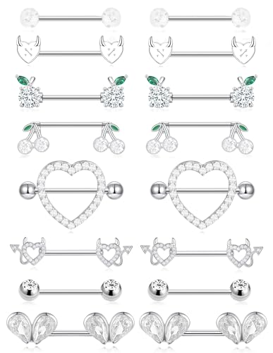 8 Pairs Nipple Rings 14G Stainless Steel Heart Cherry Apple Devil CZ Acrylic Ball Stud Barbell Tongue Rings Set Cute Nipplerings Piercing Jewelry for Women Red Silver Tone - color: Silver