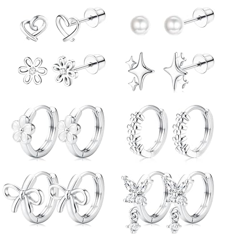 ORAZIO Hypoallergenic Earrings for Girls Women Kids Surgical Stainless Steel Screw Back Bow Heart Flower Stud Hoop Toddler Kids Earrings for Girls Sensitive Ears Over 4 Years Old - color: 8Pairs-silver girls earrings