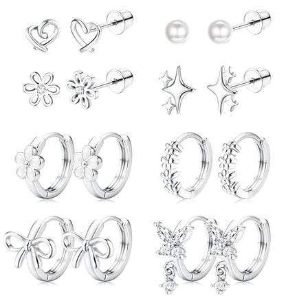 ORAZIO Hypoallergenic Earrings for Girls Women Kids Surgical Stainless Steel Screw Back Bow Heart Flower Stud Hoop Toddler Kids Earrings for Girls Sensitive Ears Over 4 Years Old - color: 8Pairs-silver girls earrings