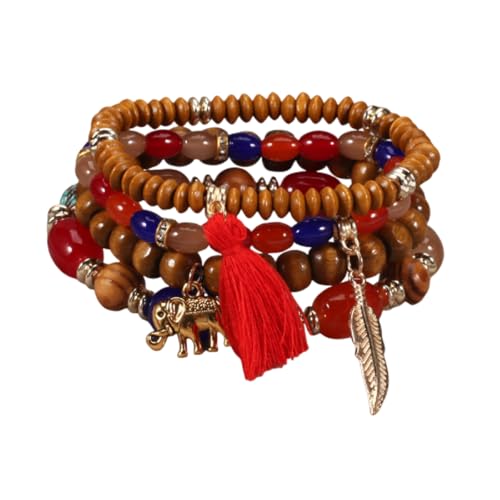 4Pcs Bohemia Multilayer Stackable Elephant Leaf Tassel Bracelets Colorful Wooden Resin Beaded Stretch Bracelets for Women Men Summer Beach Boho Vacation Hawaii Jewelry Gifts - style: StyleB