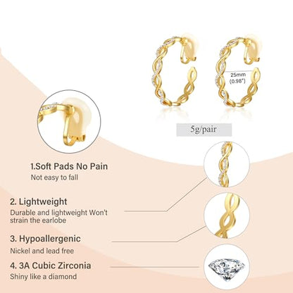 Clip On Hoop Earrings for Women Lightweight - Silver Twisted Clip-on Hoop Earings With Cubic Zirconia Fake Non Pierced Ears Jewelry - style: CZ-G25mm