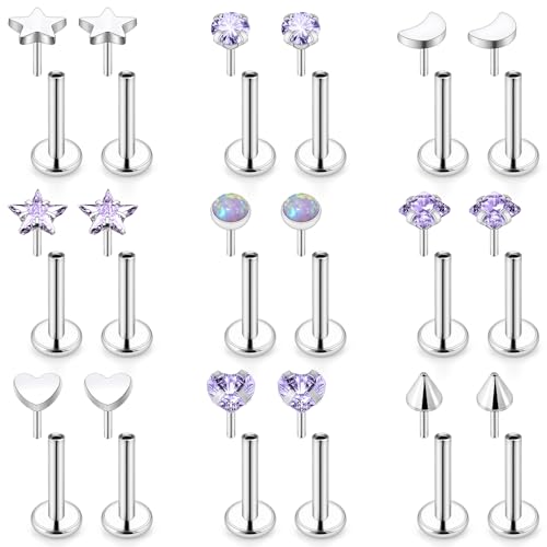 Threadless Noses Rings, Flat Back Earrings, 20/18/16g-Gauge 5/16in-Post 3mm-Top, Hypoallergenic Surgical Steel Medusa Lip Labret Cartilage Helix Tragus Conch Piercing Jewelry for Women Men - color: Purple, size: 16g*8mm