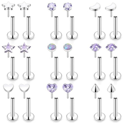 Threadless Noses Rings, Flat Back Earrings, 20/18/16g-Gauge 5/16in-Post 3mm-Top, Hypoallergenic Surgical Steel Medusa Lip Labret Cartilage Helix Tragus Conch Piercing Jewelry for Women Men - color: Purple, size: 16g*8mm
