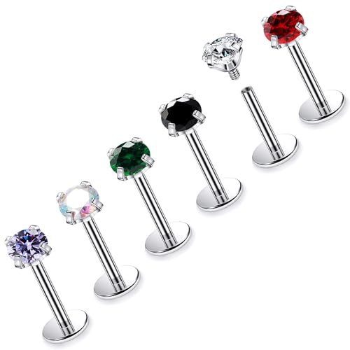 16G ASTM F136 Titanium Surgical Steel Internal Thread Flat Back Studs Earrings Lip Rings Labret Medusa Helix Tragus Cartilage Earring stud Piercing Jewelry for Women Men Silver Black Gold - style: 16g/4mm Mix cz/Titanium 6mm