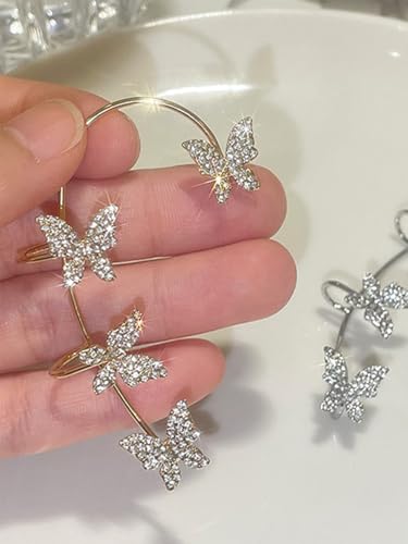 2Pcs Butterfly Ear Cuffs Rhinestone Clip On Earrings | Rhinestone butterfly ear cuffs with non piercing clip on design; silver ear wrap climber jewelry for parties and weddings - style: Style B Gold