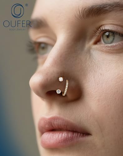 OUFER 2PCS Nose Rings Hoops, 20g Double Gem Horseshoe Threadless Nose Rings for Women, Septum Clicker Daith Tragus Helix Rook Eyebrow Lip Piercing Jewelry - color: Gold