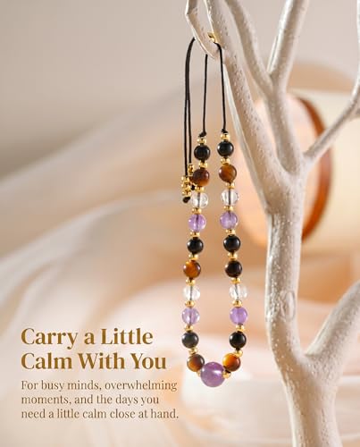 HGDEER Calm in Every Bead, Amethyst Crystal Bracelet Stress Relief Gift | Black Tourmaline Amethyst Tiger Eye & Clear Quartz on Sturdy Cord, Slider Adjusts 5-10 in, Crystal Blessing Card & Pouch