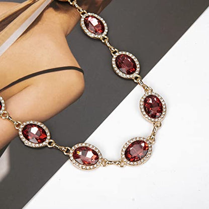 ILuvatar Green Glass Diamond Chain Belt - Metal Women's Western Style Dress Belt - color: Gold-wine Red