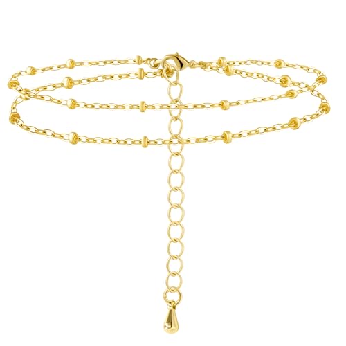 Gold/Sterling Silver Anklet Bracelets for Women Waterproof, Non Tarnish 925 Sterling Sliver Plated Heart Evileye Butterfly Charm, Dainty Summer Beach Anklets for Women, Beach Vacation Bikini Outfits for Her Mom - style: Satellite-Gold