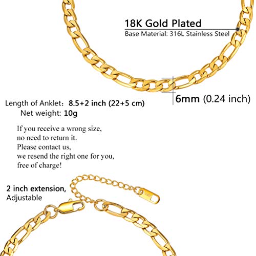 PROSTEEL Ankle Bracelets for Women, Silver/Gold/Black, Waterproof Anklets | Waterproof, Stainless Steel, Summer Beach Jewelry, Durable & No Tarnish, Come with Gift Box, 8-10.5" Adjustable, Plus Size - color: D: gold-figaro chain-6mm