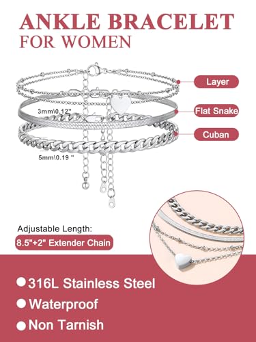 FOCALOOK Anklet Bracelets Set for Women, 14K Gold Plated Layered Anklet Set | Adjustable for Large Ankle, Cuban/Snake/Figaro/Paperclip Chain, Waterproof & Non Tarnish for Everyday Wear, Beach & Summer - color: B:3Pcs-Anklet Set-Silver