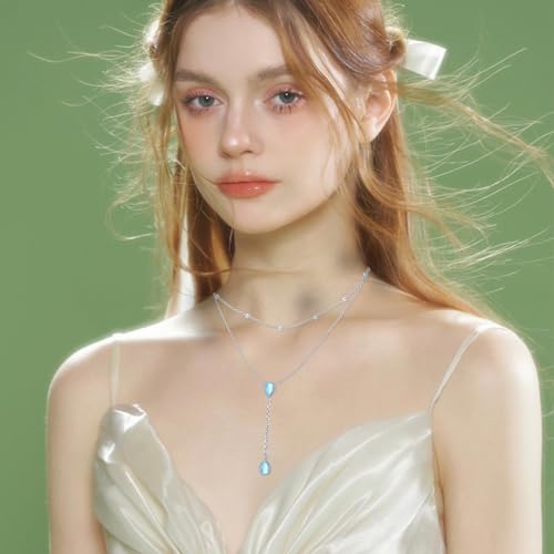 FLYOW Layered Necklace S925 Sterling Silver Y Shaped Jewelry - style: Double Teardrop Moonstones Layered Necklace