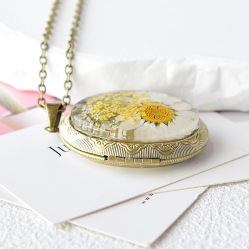 Vintage Photo Locket Necklace Handmade Pressed Flower Locket Necklace for Women - style: Shasta Daisy(1.53"x 1.85")