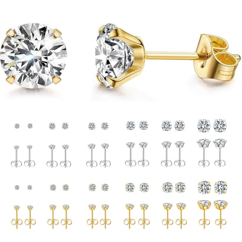 12 Pairs Stud Earrings Set, Hypoallergenic Surgical Stainless Steel 316L Earring for Women Men, Small Earring Studs Pack with Cubic Zirconia - color: Silver & Gold-6 Sizes-3，4，5，6，7，8