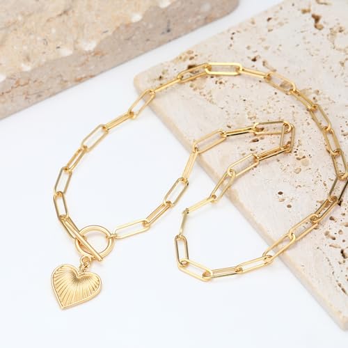 Chunky Gold Necklace for Women, 18K Waterproof Heart Necklace Statement Necklace Gold Charm Necklace Chunky Jewelry Paperclip Chain Choker Gift for Women - style: Heart Charm Toggle