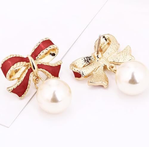 Gold Bow Earrings for Women, Long Tassel Chain Drop Earrings, Trendy Small Bow Earrings, Ribbon Waterfall Dangling Earrings, Pearl Bow Earrings, Sparkly Elegant Bowknot Preppy Jewelry Gifts for Women - color: Red
