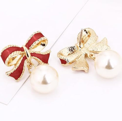 Gold Bow Earrings for Women, Long Tassel Chain Drop Earrings, Trendy Small Bow Earrings, Ribbon Waterfall Dangling Earrings, Pearl Bow Earrings, Sparkly Elegant Bowknot Preppy Jewelry Gifts for Women - color: Red