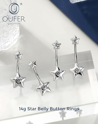 OUFER 316L Surgical Steel Belly Button Rings, 14g Belly Rings for Women, Star Navel Piercing Jewelry, Curved Navel Barbell for Men