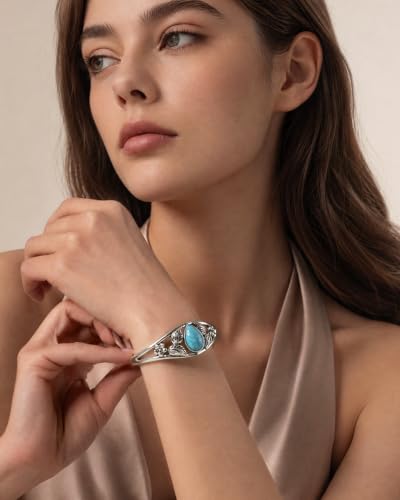 Boho Vintage Turquoise Cuff Bracelet for Women Silver Open Bangle Cuff Western Adjustable Bracelet for Everyday Wear