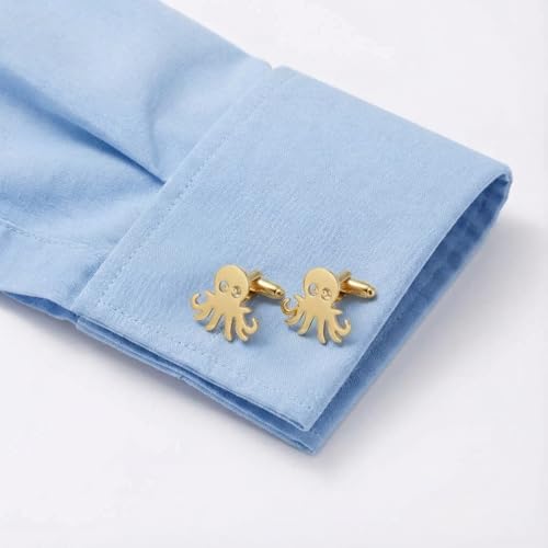 Men’s Octopus Cufflinks – Stainless Steel Ocean-Themed Cuff Links with Gift Box & Polishing Cloth – Available in Silver & Gold - color: golden