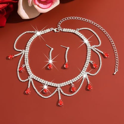 Rhinestones Necklace Earrings Set for Women Water Droplet Necklace Earrings Set Double Layer Gemstone Choker and Drop Earrings Cubic Zirconia Bridal Earrings Necklace Set Crystal Wedding Jewelry Sets - color: red