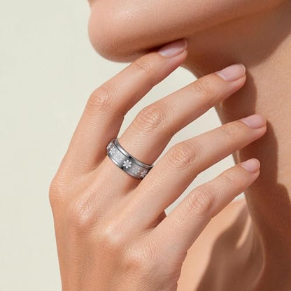 Fidget Anxiety Rings for Women 14K Gold Silver Plated Spinner Band Ring 8mm Thick Stainless Steel Statement Rings Jewelry Gifts Size 6-10 - color: Silver-Flower