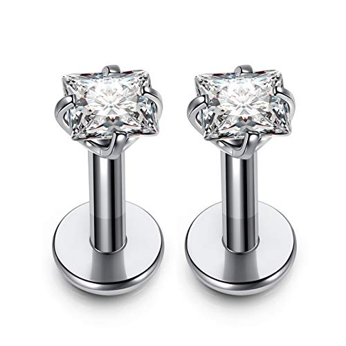 PiercingJ 2-4pcs 16g 316L Stainless Steel 3mm Cubic Zirconia Labret Monroe Lip Ring/Tragus/Helix Earring,6-12mm Bar Length - style: 3mm zirconia square/ 6mm bar